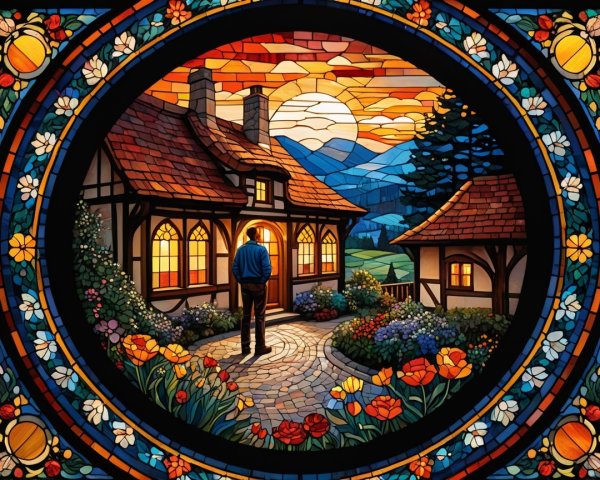 Stained Glass Artwork of Pastoral Scene with Cottage