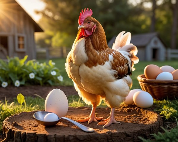 Vibrant Hen and Fresh Eggs in Serene Farm Setting