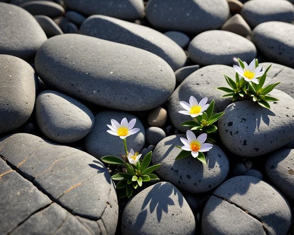 Close-up of Gray River Stones with Flowers and Shadows