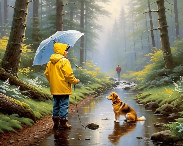 Child in yellow raincoat with dog on forest path
