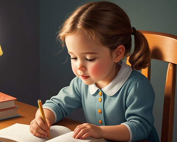 Young girl studying at a wooden table with a lamp