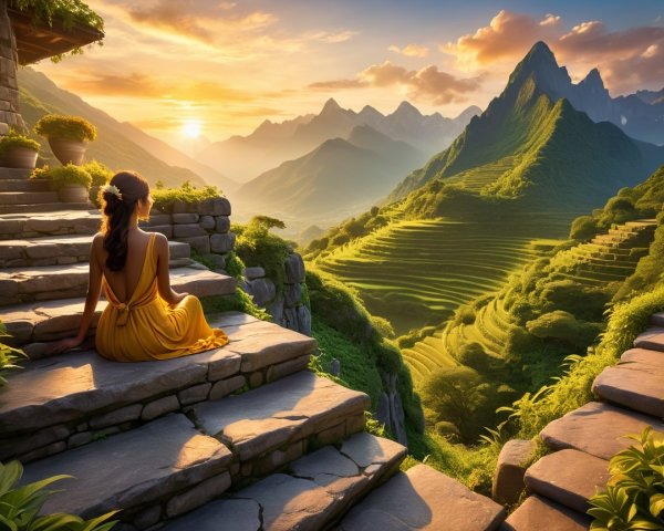 Woman on Steps with Sunset Over Green Terraces