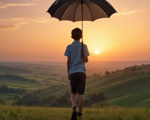Young boy with umbrella on hill at sunset