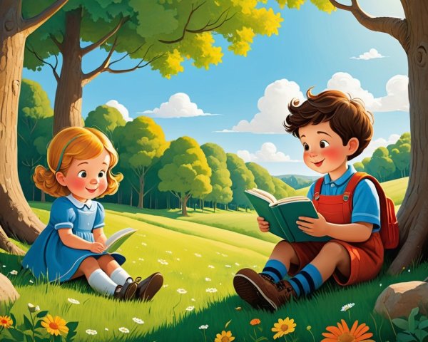 Children Reading in a Sunny Meadow with Flowers