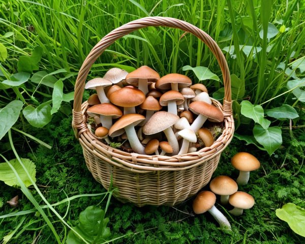 Woven Basket Filled with Assorted Mushrooms in Grass