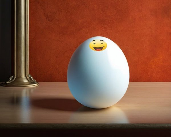Pristine White Egg with Cartoonish Smiley Face on Wood