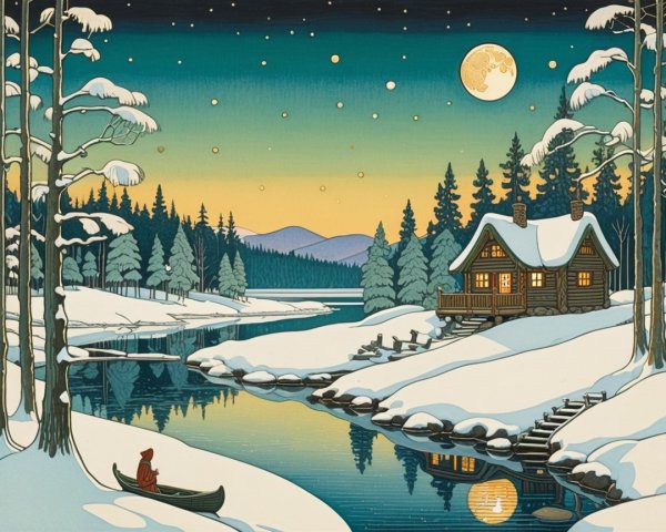 Cozy Cabin by Moonlit River in Winter Landscape