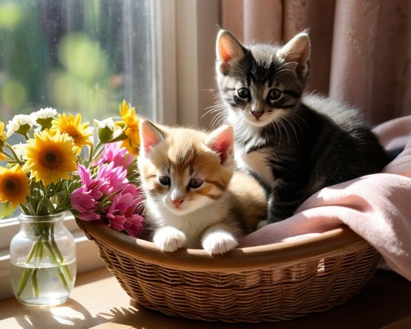Kittens in a Wicker Basket with Sunlit Flowers