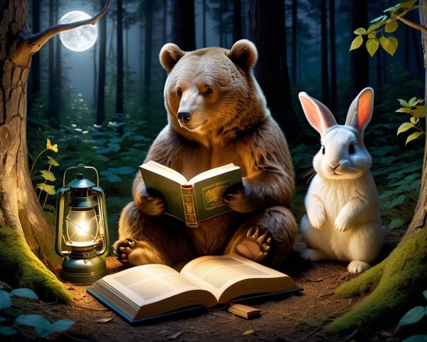 Bear Reading in Moonlit Forest with Curious Rabbit