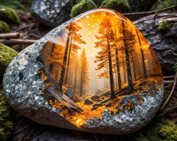 Translucent Oval Stone with Golden Forest Scene