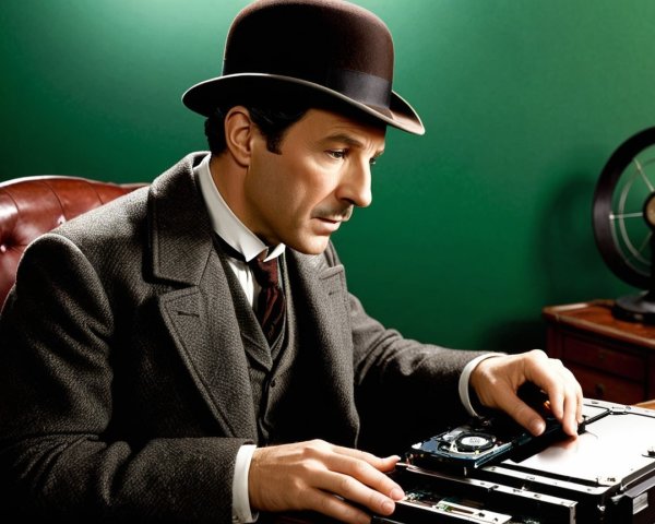 Man in Vintage Attire Examines Mechanical Device