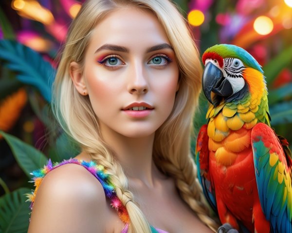 Portrait of a Young Woman with Macaw in Tropical Setting