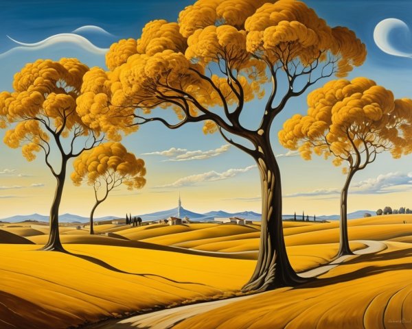 Golden Tree Landscape with Winding Road and Village