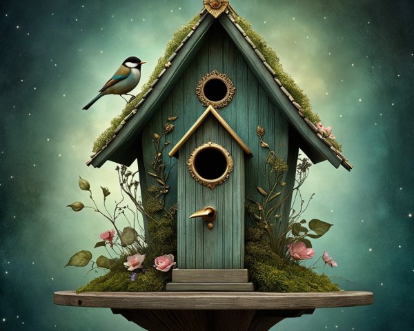 Whimsical Dark Teal Birdhouse Under Starry Sky