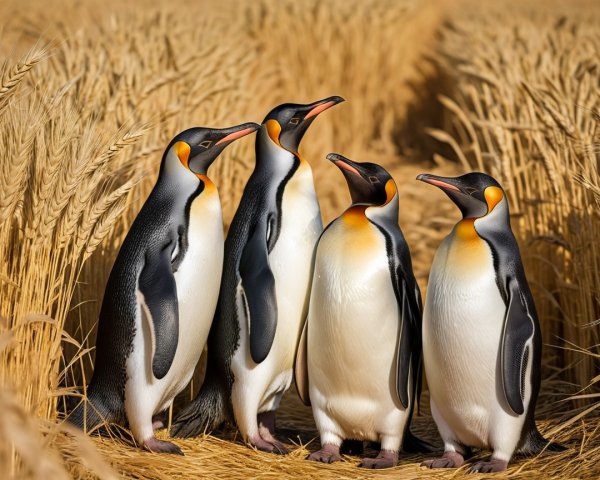 King penguins in a golden wheat field setting
