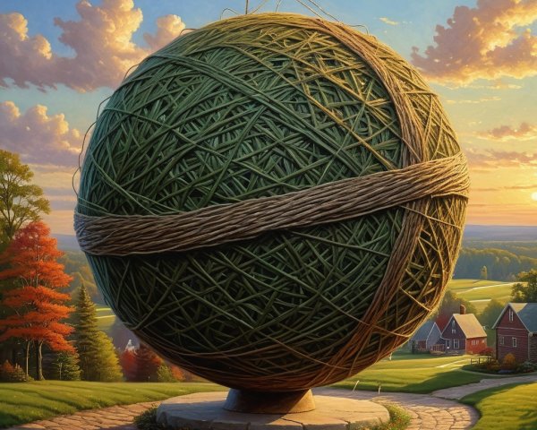 Giant Green Yarn Ball on Stone Pedestal in Field