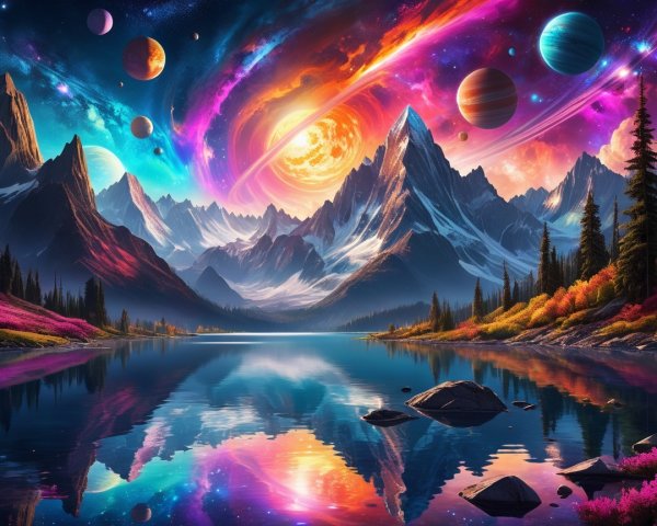 Cosmic Landscape with Mountains and Reflective Lake