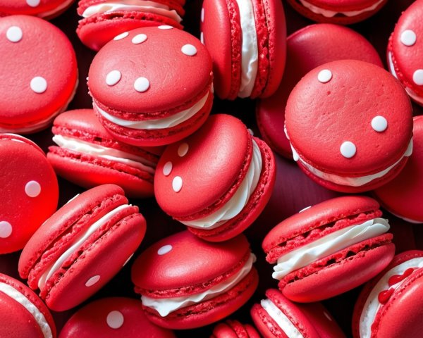 Vibrant Red Macarons with Creamy Filling and Polka Dots