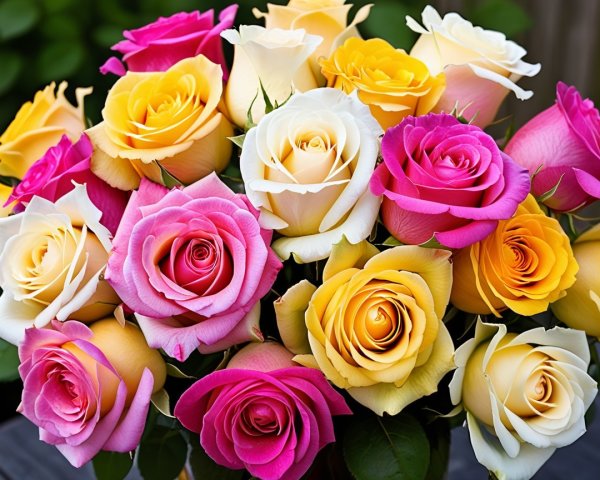 Vibrant Mixed Color Rose Bouquet with Green Leaves