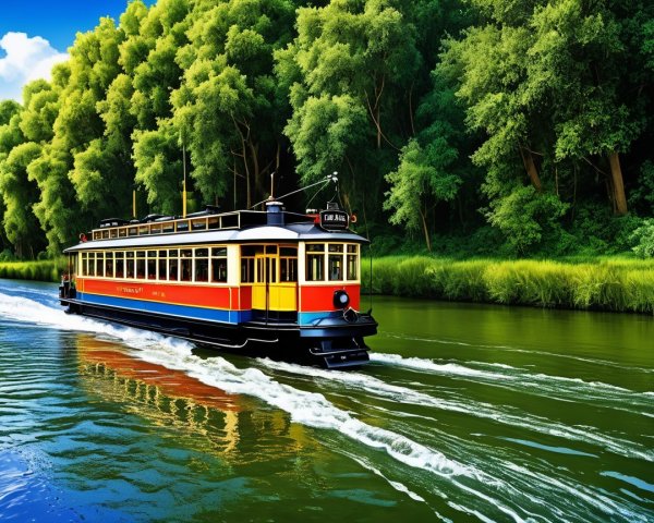 Vintage Tram on Serene River with Lush Greenery