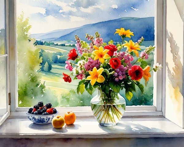 Watercolor Still Life with Berries and Wildflowers