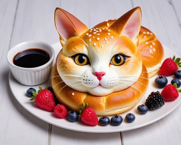 Cat-Shaped Pastry Dessert with Fresh Berries