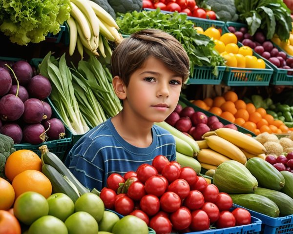 Young Boy Observing Fruits and Vegetables at Market