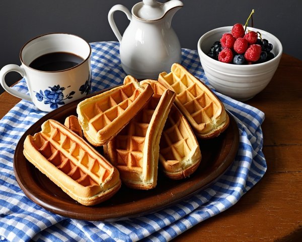 Wooden Platter with Waffles, Coffee, and Berries