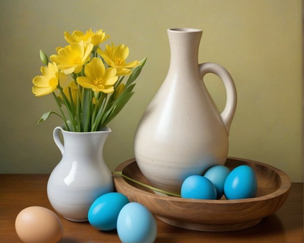 Still Life with Beige Jug, White Vase, and Colorful Eggs