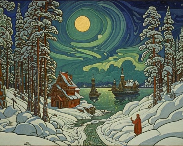 Moonlit Winter Landscape with Cabin and Ships