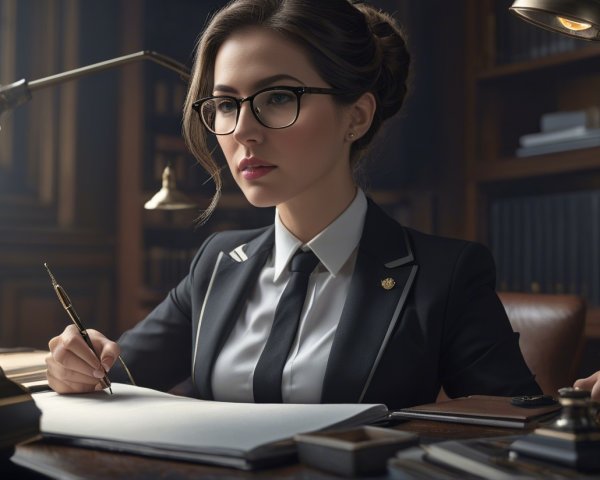 Young Woman in Black Suit Writing in Elegant Library