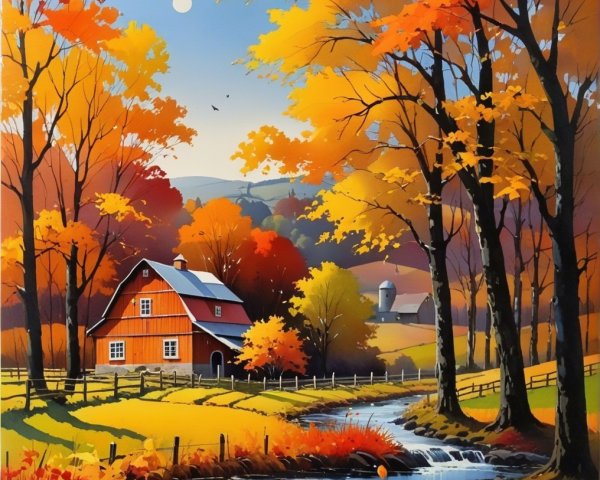 Autumn Landscape with Barn, Trees, and Stream