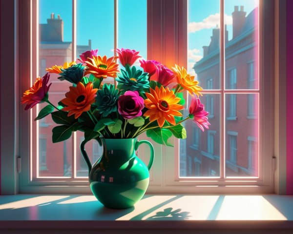 Colorful Flower Bouquet in Green Vase on Windowsill
