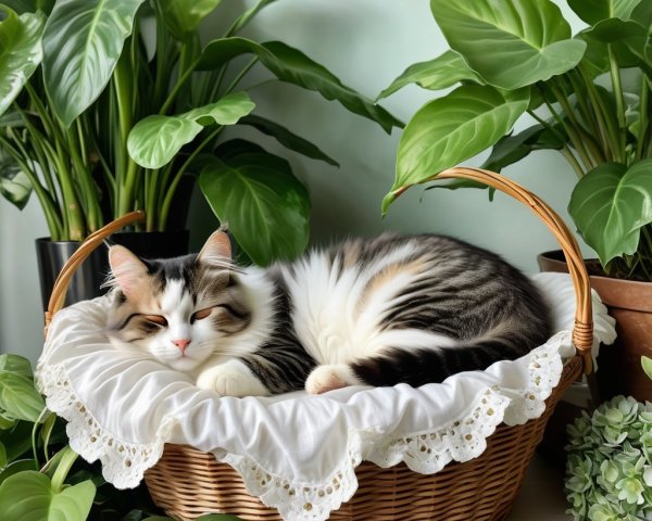 Fluffy Cat Relaxing in Woven Basket Among Plants