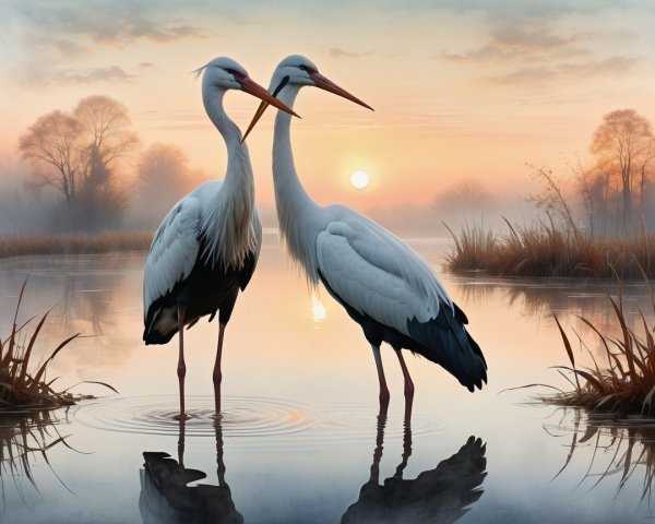 Herons in Shallow Water at Sunrise with Reflections