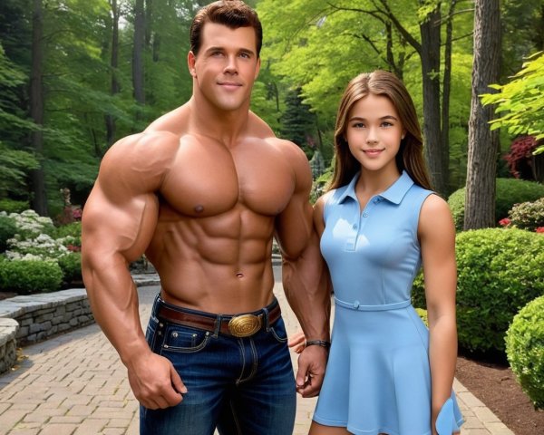 Muscular Man and Girl in a Lush Garden Setting