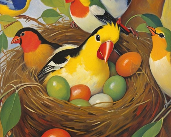 Close-up Oil Painting of Colorful Birds and Nest