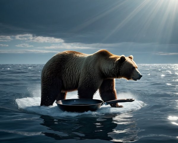 Brown bear on melting ice floe in dark ocean scene