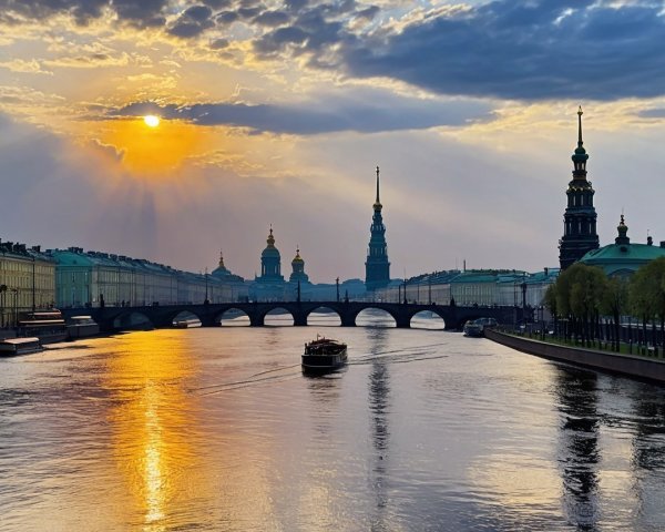Serene Sunset Over City River with Historic Silhouettes