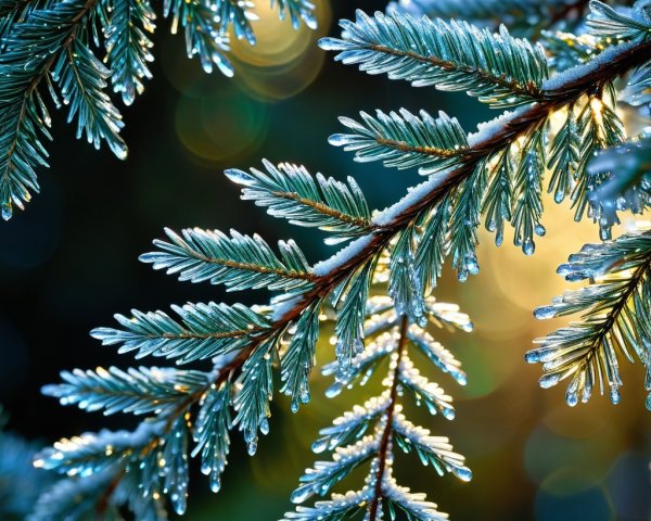 Frosted Evergreen Branches with Sunlight and Bokeh