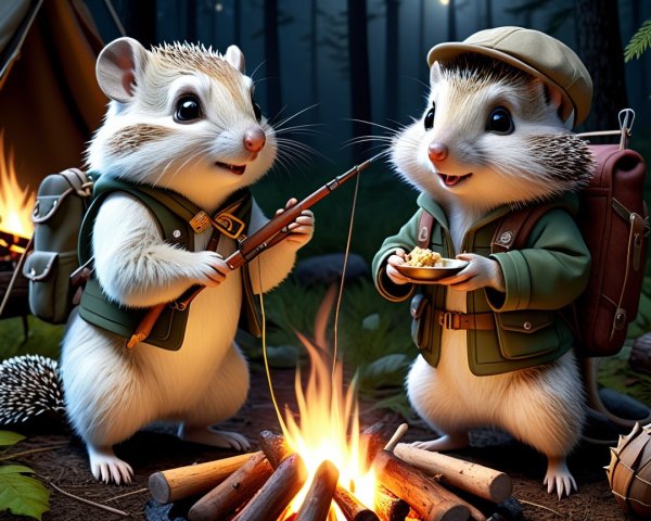 Baby Porcupines Camping by a Campfire at Night