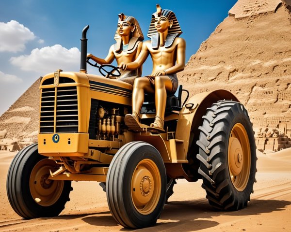 Desert Landscape with Golden Pharaohs on Tractor