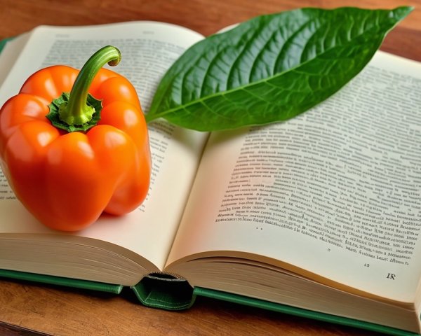 Open Book with Orange Bell Pepper and Green Leaf