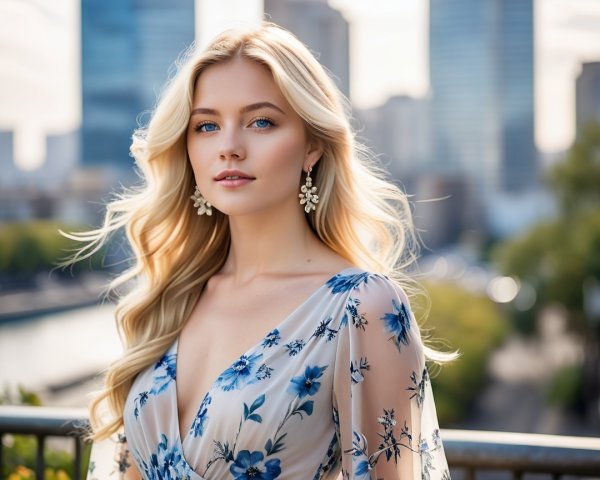 Young Woman in Floral Dress Against Cityscape Background