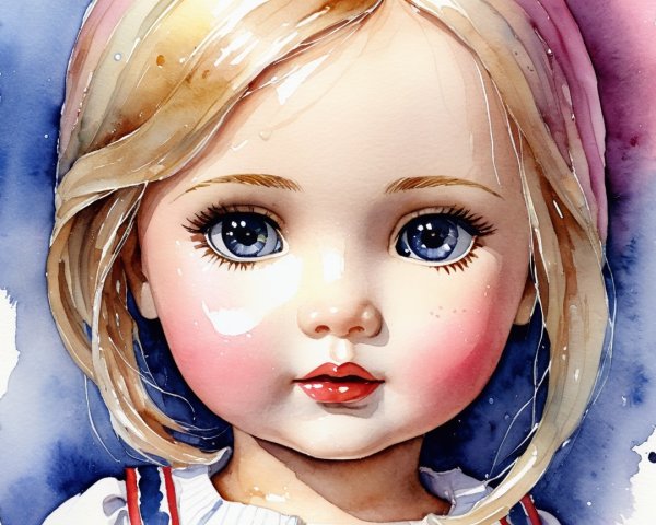 Portrait of a Doll with Blue Eyes and Colorful Outfit
