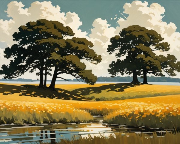 Impressionistic Painting of Serene Landscape and Water