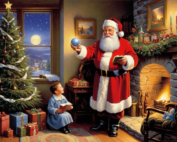 Santa Claus Interacting with a Child in Christmas Setting