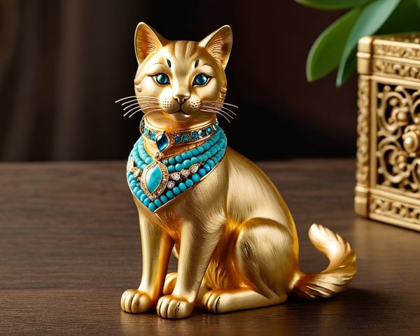 Golden cat figurine with blue eyes and jeweled collar