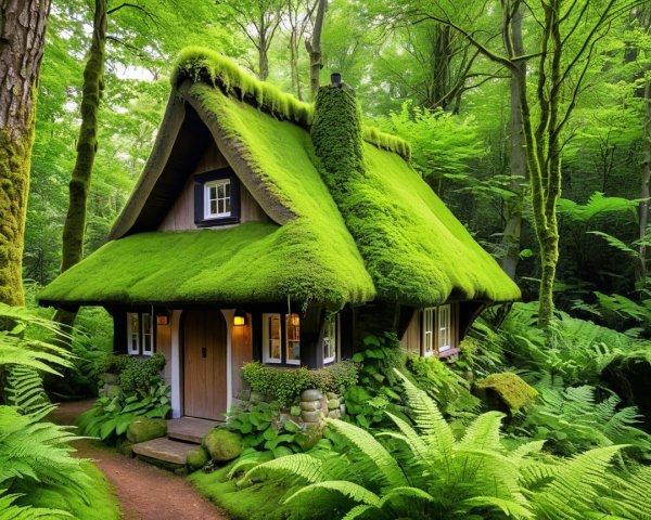 Whimsical Cottage Surrounded by Lush Green Forest