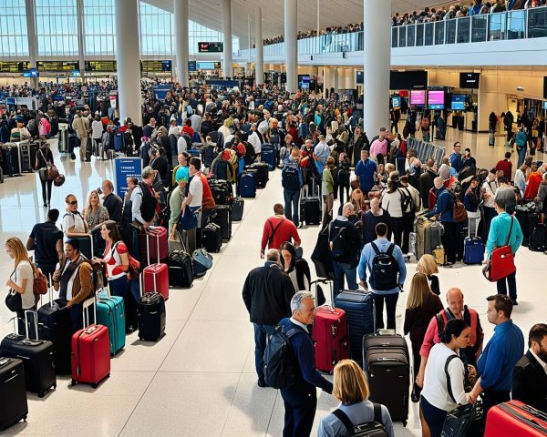 Busy airport terminal with travelers and luggage

